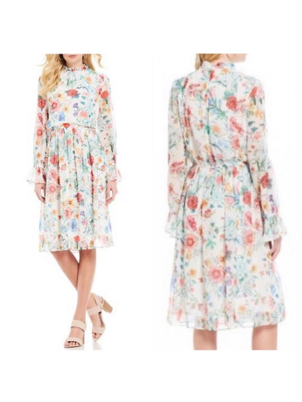 NWT Gibson Latimer Floral High Neck Ruffle Midi Dress Large White Spring Wedding - Picture 3 of 9